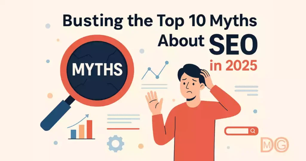 Top 10 SEO Myths to Avoid Illustration of a magnifying glass busting SEO myths with digital charts and search icons around