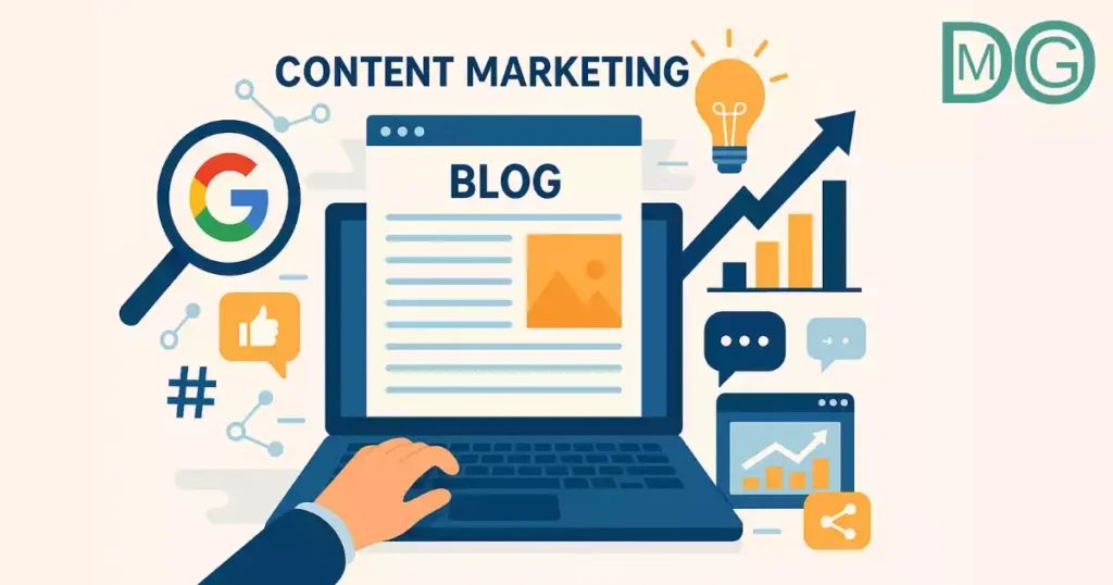 How Blogs Help You Rank on Google A blogger typing on laptop with SEO tags, analytics and social media icons around