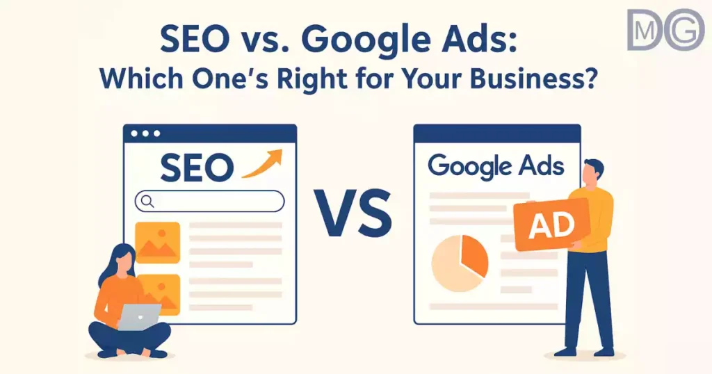 A flat-style digital illustration comparing SEO and Google Ads for business growth decisions.
