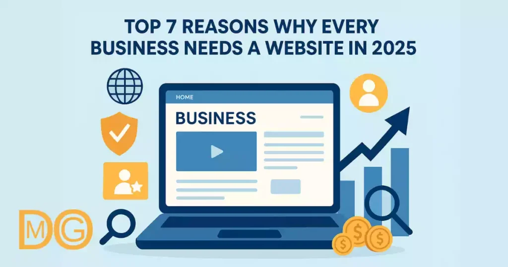 Business website on laptop with growing chart and icons symbolizing credibility, reach, and leads.