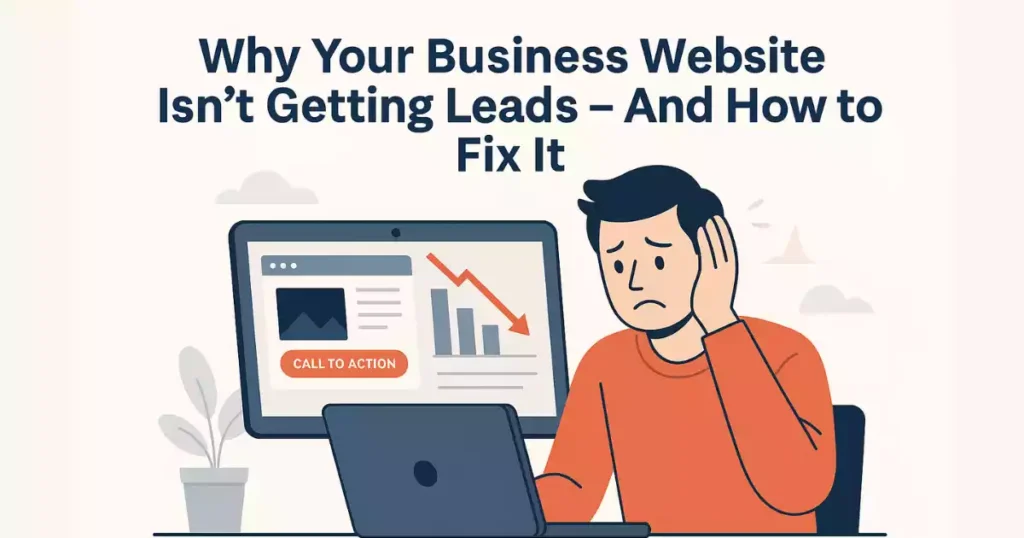 Start your business website today and get leads Frustrated business owner viewing a low-converting website on a laptop, with visual signs of poor traffic and no leads.