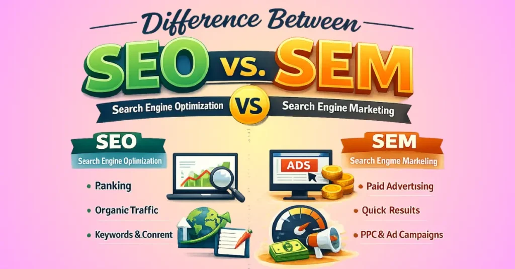 This image showing the difference between SEO and SEM in digital marketing, comparing organic search engine optimization strategies like ranking and content with paid search marketing tactics such as PPC advertising and quick results.